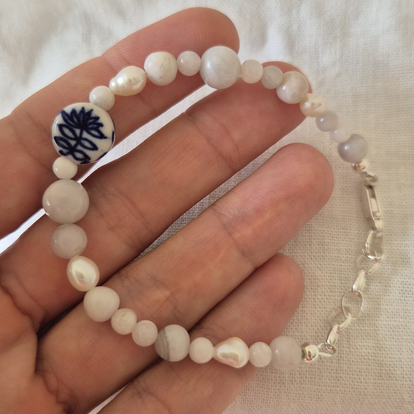 Crazy Lace Agate, Pearl & ceramic Bead Bracelet