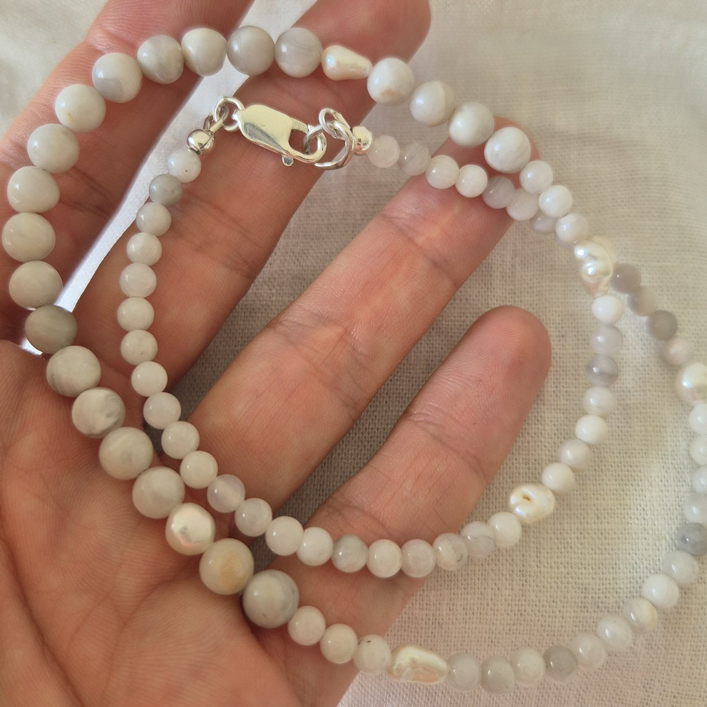 Crazy Lace Agate &amp; Keshi Pearl Necklace