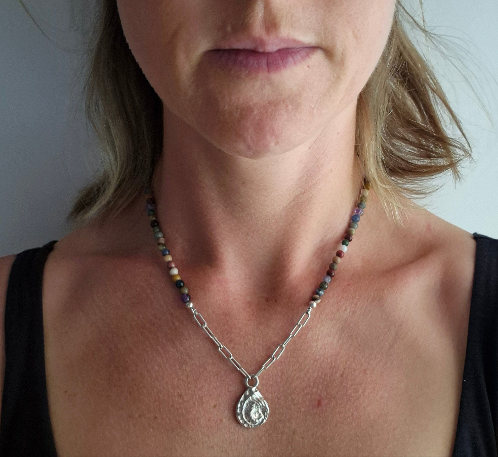 Abalone Sandcast Teardrop Pendant with Mixed Bead Necklace