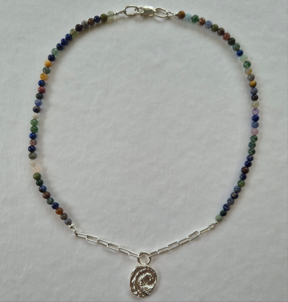 Abalone Organic Sandcast Pendant with Mixed Bead Necklace