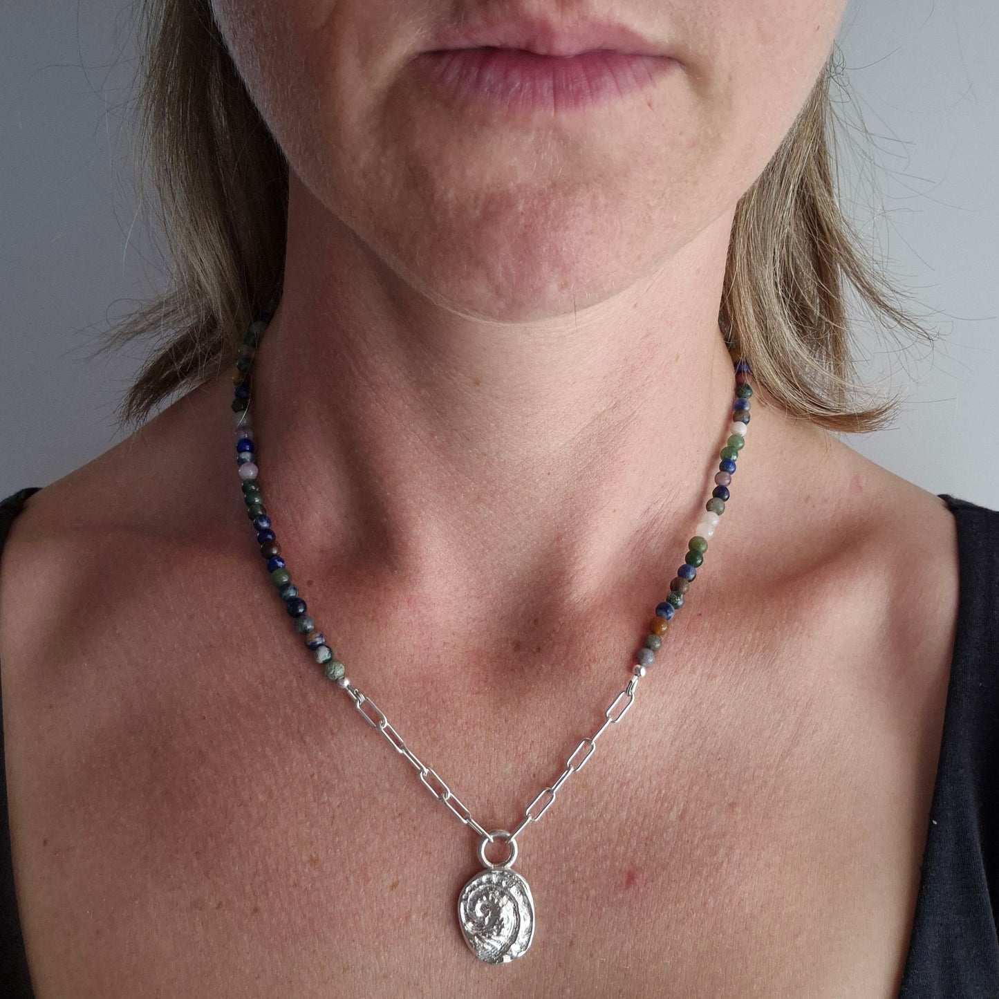 Abalone Organic Sandcast Pendant with Mixed Bead Necklace