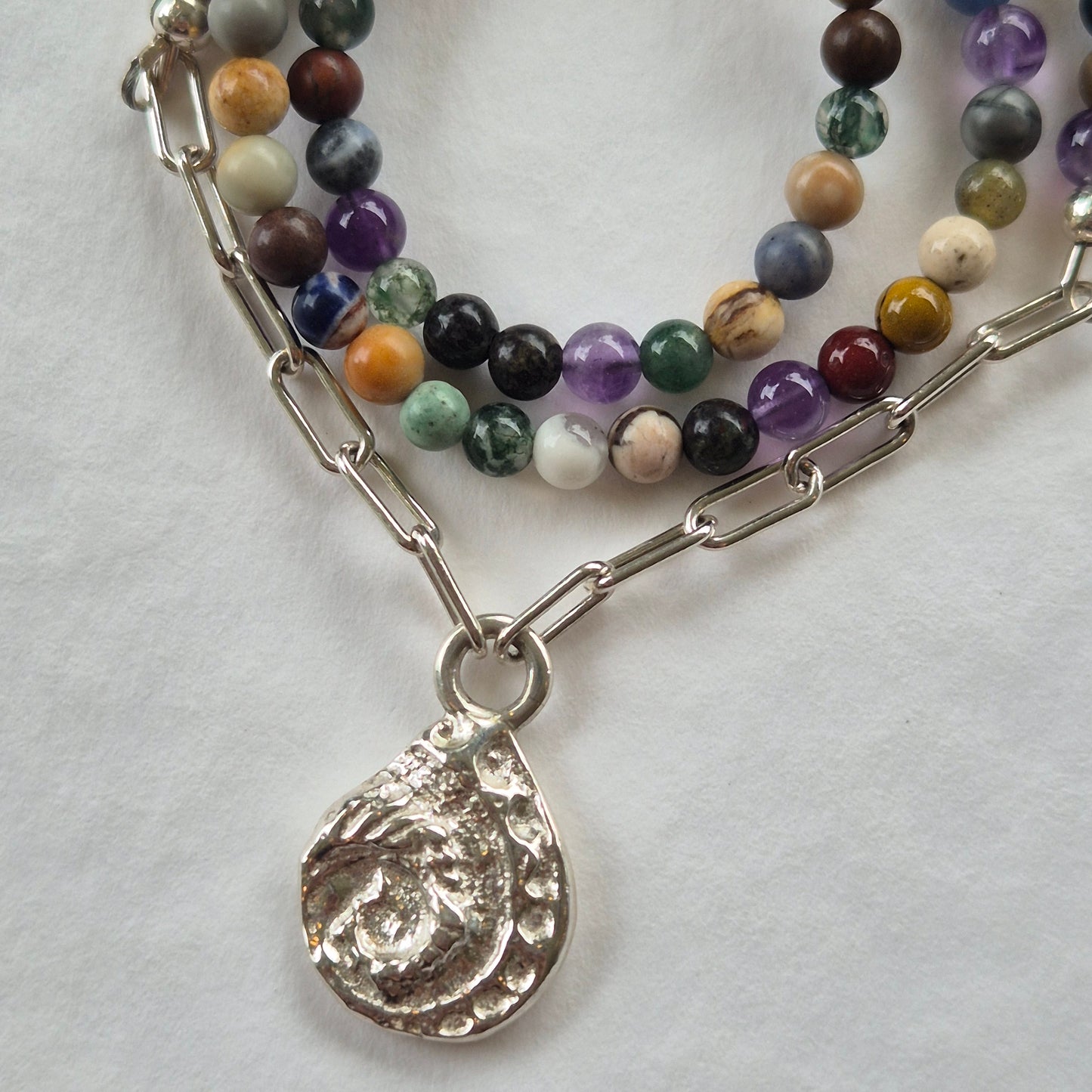 Abalone Sandcast Teardrop Pendant with Mixed Bead Necklace